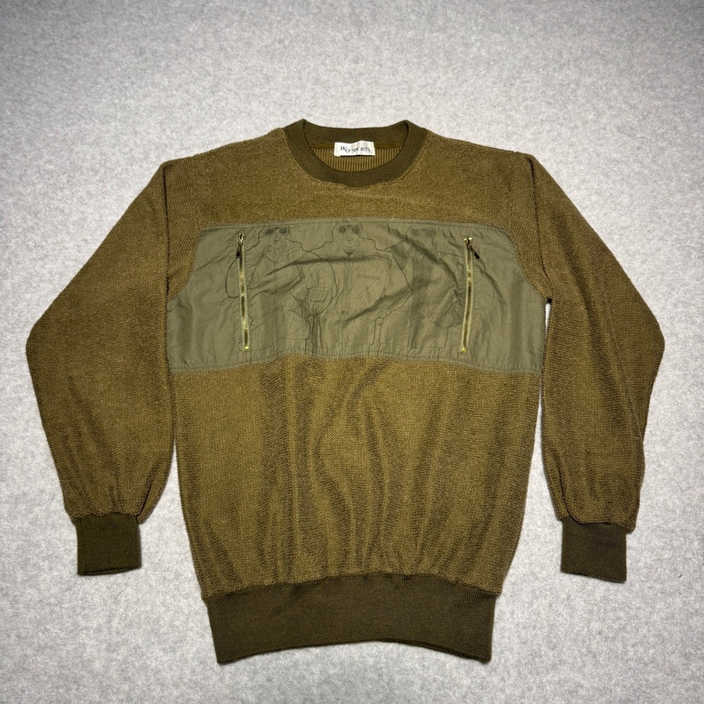 We Sports Vintage Olive Green Graphic Crewneck Sweater Chest Zip Detail Women